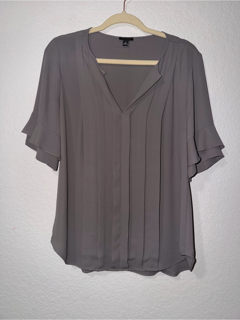 Ann Taylor Gray Pleated V-Neck Blouse